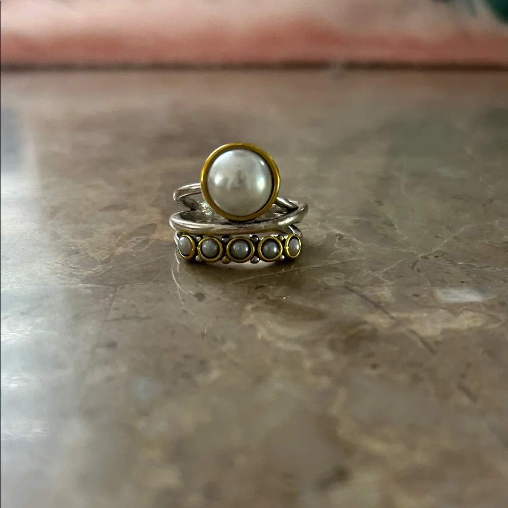 Pearl Accent Silver and Gold Stackable Ring - Women Jewelry